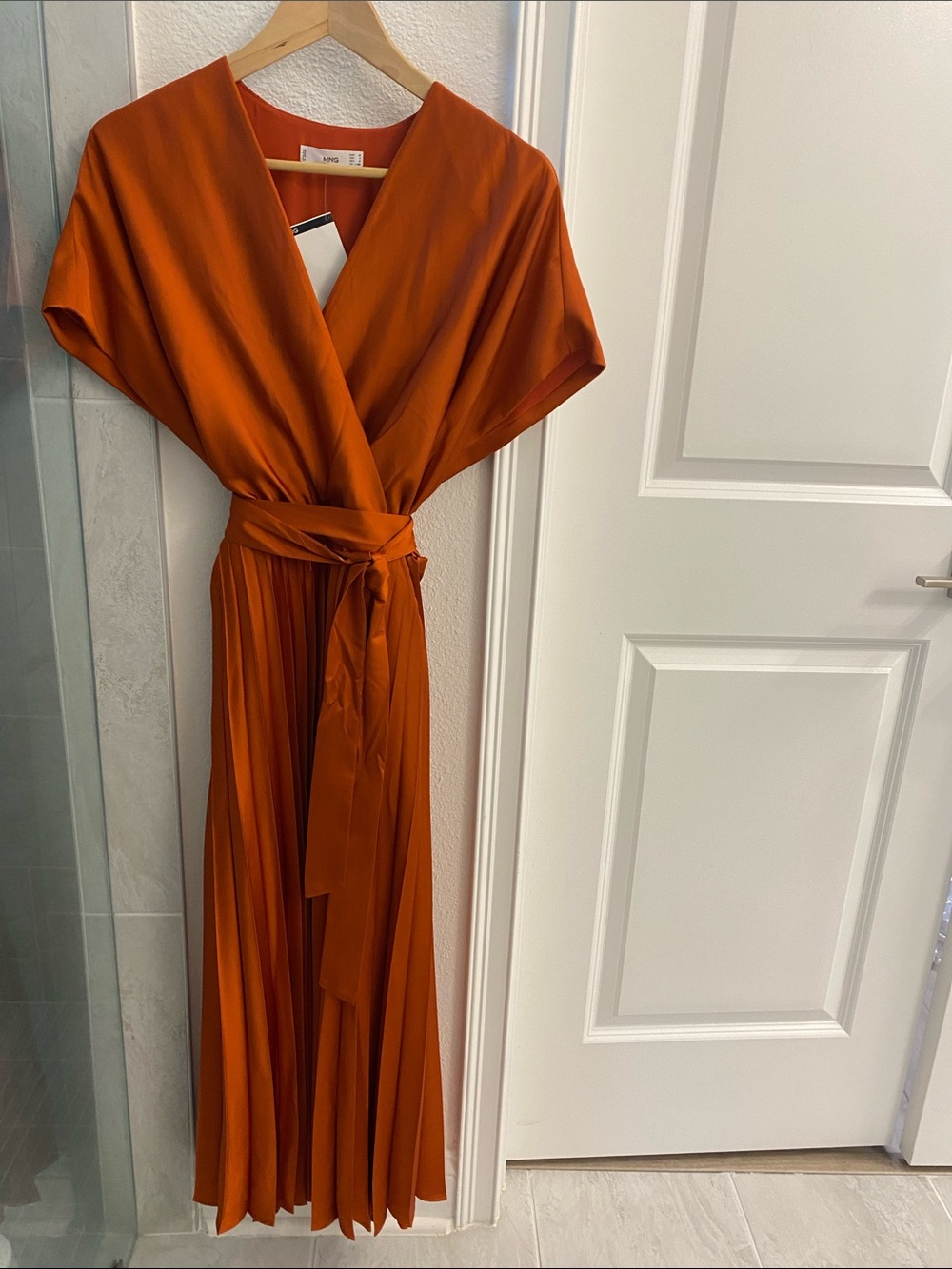 Mango Rust Orange Wrap Pleated Midi Dress